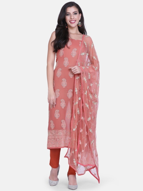 BOMBAY SELECTIONS Peach-Coloured Poly Georgette Unstitched Dress Material