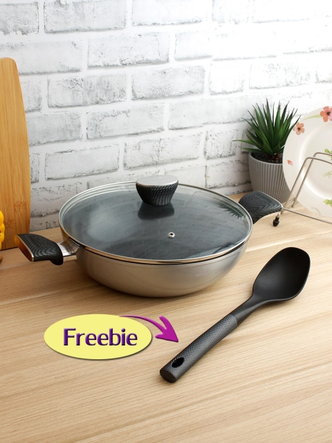 BERGNER Grey & Black Carbon TT Non-Stick Kadhai With Lid & Spatula