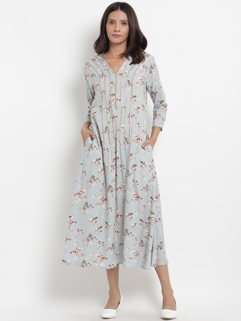 trueBrowns Women Blue Printed A-Line Dress