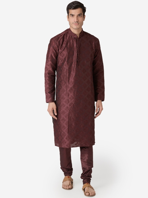 Sanwara Men Maroon Embroidered Straight Kurta