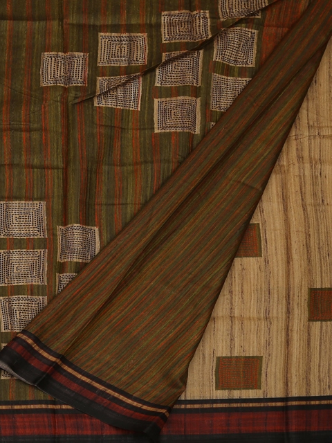 Pothys Cream-Coloured & Brown Jute Silk Woven Design Saree