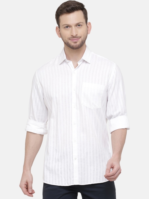CAVALLO by Linen Club Men White Regular Fit Striped Casual Linen Shirt
