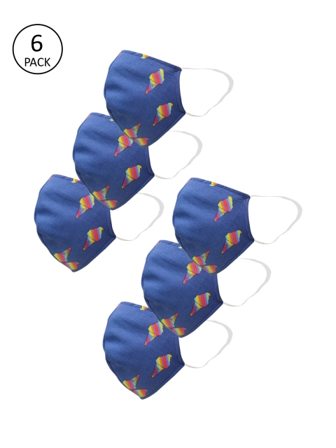 nestroots Unisex Blue Printed Pack of 6 Striped 2-Ply Reusable Cloth Mask