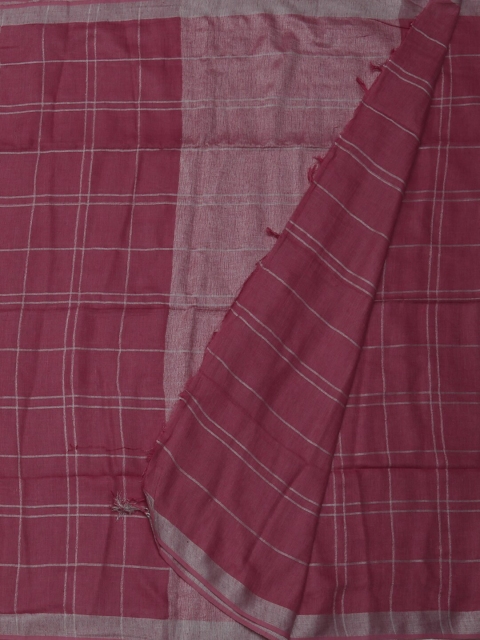 Pothys Pink & Silver-Toned Linen Blend Checked Saree