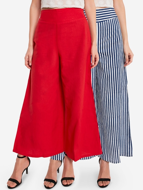 Desi Weavess Women Pack Of 2 Wide Leg Palazzos, Red