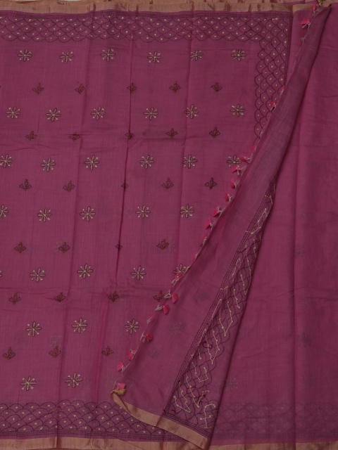 Pothys Burgundy Embroidered Linen Blend Saree