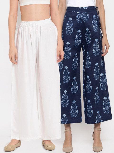 TAG 7 Women White & Navy Blue Printed Flared Palazzos 
TAG 7 Women White & Navy Blue Printed Flared Palazzos