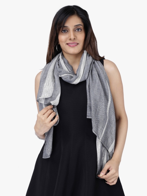 Scarves & Glitters Women Grey Striped Stole