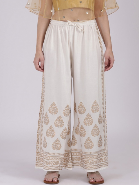 9rasa Women Off-White & Gold Printed Flared Palazzos