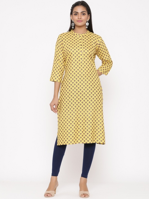 WomenMagic Women Yellow Printed Straight Kurta