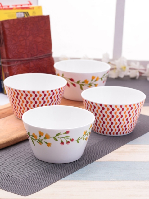 CLAY CRAFT 4 Pieces Red & Off-White Printed Ceramic Bowls Set 470ml