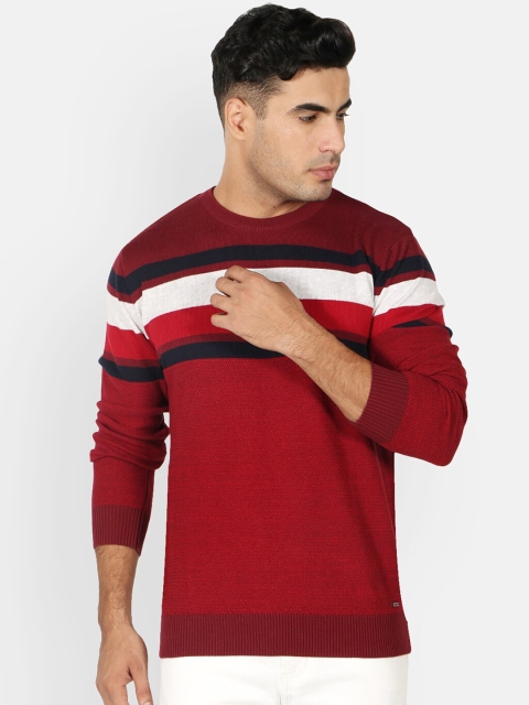 Octave Men Maroon Striped Pullover Sweater