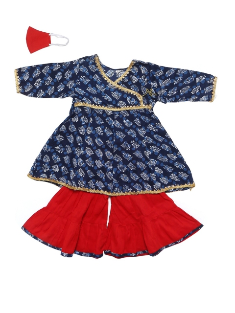 Chipbeys Girls Navy Blue & Red Printed Kurta with Sharara