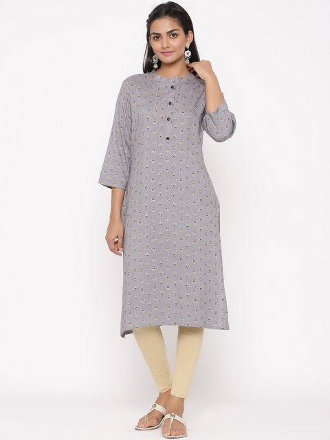 WomenMagic Women Grey Printed Straight Kurta