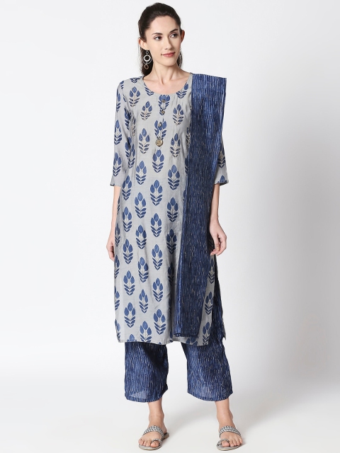 ZRI Women Grey & Navy Blue Printed Kurta with Trousers & Dupatta