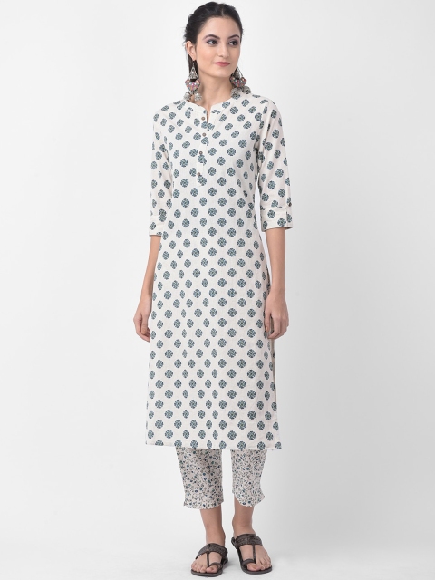 aayusika Women White & Navy Blue Printed Kurta with Trousers