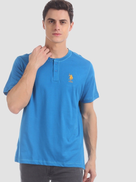 U.S. Polo Assn. Men Blue Solid Henley Neck T-shirt