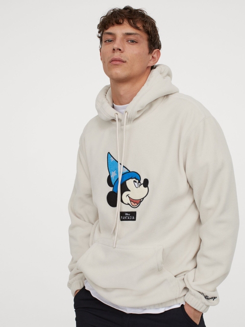 H&M Men Beige Mickey Mouse Printed Fleece Hoodie