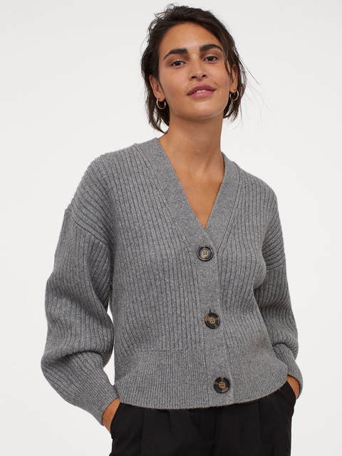 H&M Women Grey Rib-Knit Sustainable Cardigan