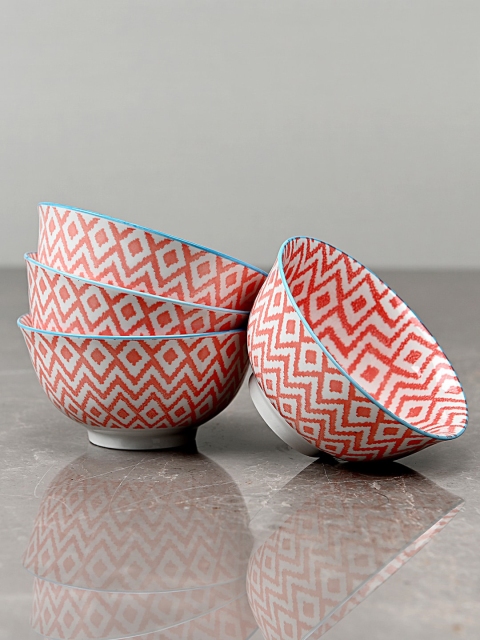 Pure Home and Living Red 4 Pieces Printed Porcelain Small Bowls