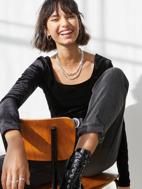 H&M Women Black Cropped Long-Sleeved Top