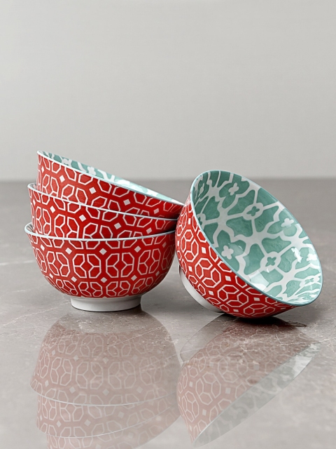 Pure Home and Living Red & Green 4 Pcs Floral Printed Bowl Set