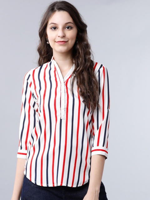 Tokyo Talkies Women White & Red Striped Shirt Style Top