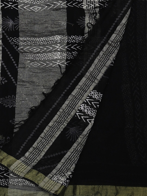 Pothys Black Printed Linen Blend Saree