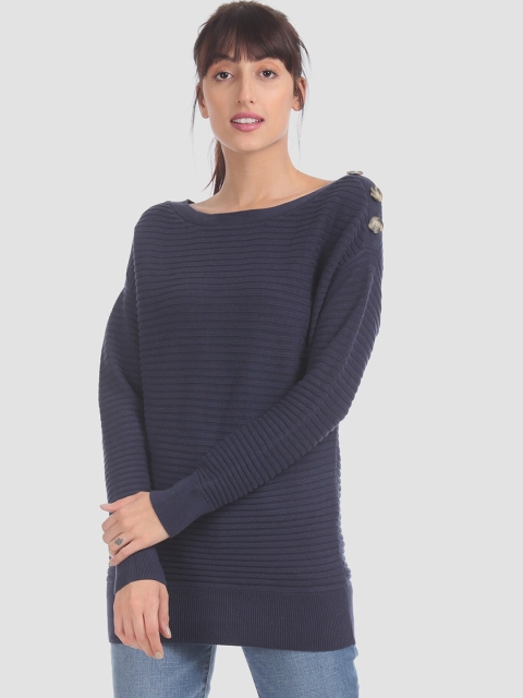 GAP Women Blue Buttoned Shoulder Boat Neck Sweater