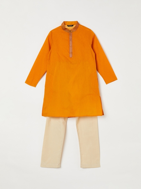 Melange by Lifestyle Boys Orange & Cream Solid Kurta with Pyjamas