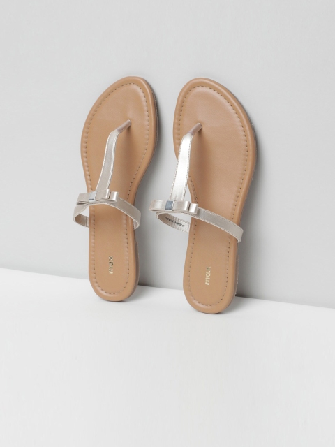 max Women Beige Solid PU T-Strap Flats