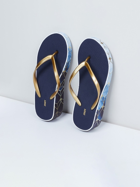 max Women Gold-Toned & Blue Solid Thong Flip-Flops