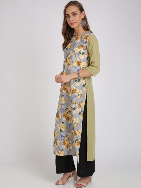 Silk Bazar Women Grey Printed Straight Kurta
