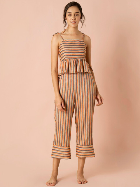 INDYA Women Orange & Grey Striped Night suit
INDYA Women Orange & Grey Striped Night suit