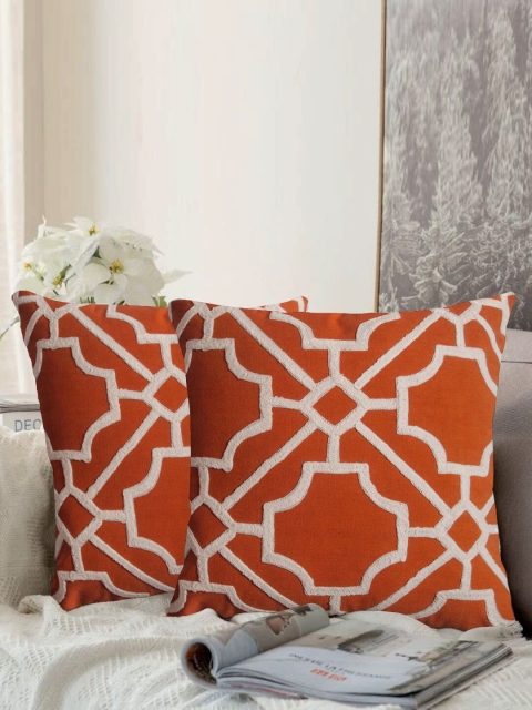 LUXENMEAD Rust Orange Set of 2 Embroidered Square Cushion Covers