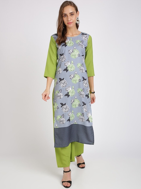 Silk Bazar Women Green & Grey Floral Printed Straight Kurta