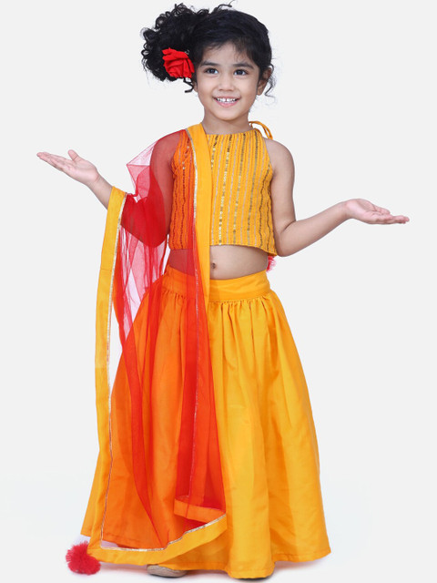 Fairies Forever Girls Mustard Yellow & Red Embellished Lehenga Choli 
Fairies Forever Girls Mustard Yellow & Red Embellished Lehenga Choli