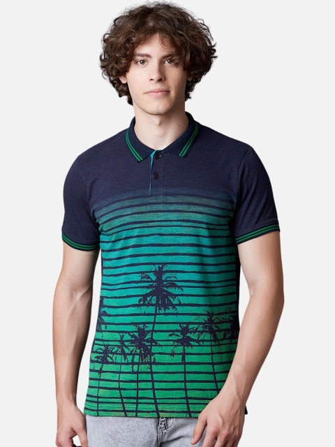 MARCA Disati Men Navy Blue & Green Striped Tropical Print T-shirt