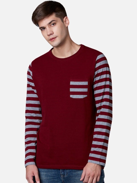 MARCA Disati Men Maroon Striped Round Neck T-shirt