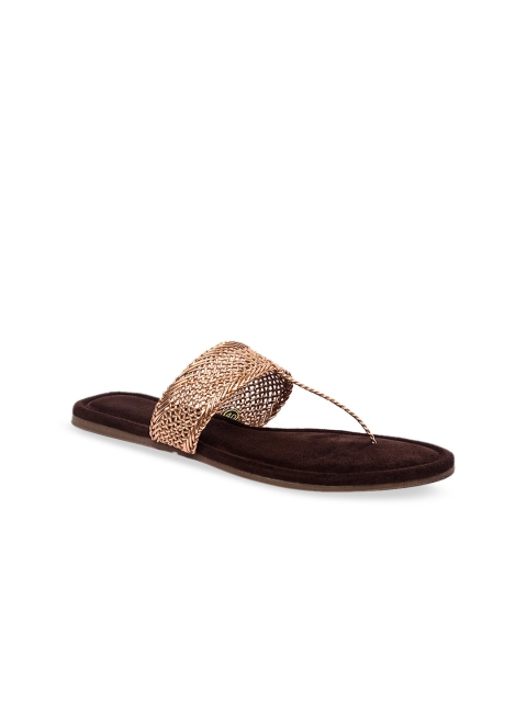 Inc 5 Women Copper-Toned Woven Design T-Strap Flats