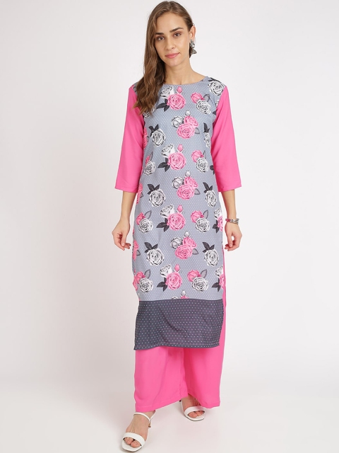 Silk Bazar Women Grey & Pink Printed Straight Kurta