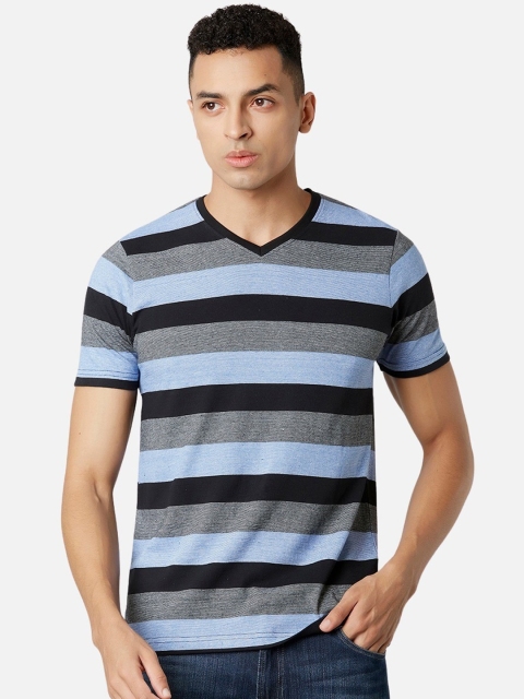 MARCA Disati Men Black Striped V-Neck T-shirt