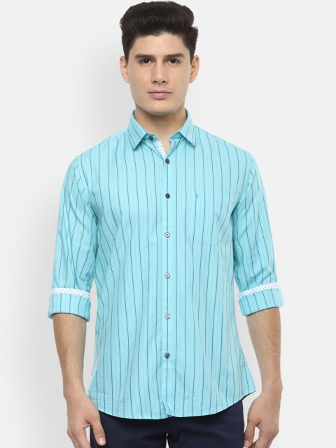 Van Heusen Sport Men Turquoise Blue Regular Fit Striped Casual Shirt