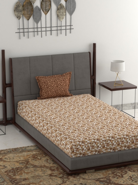 Trident Brown & White Abstract 144 TC Cotton 1 Single Bedsheet with 1 Pillow Cover