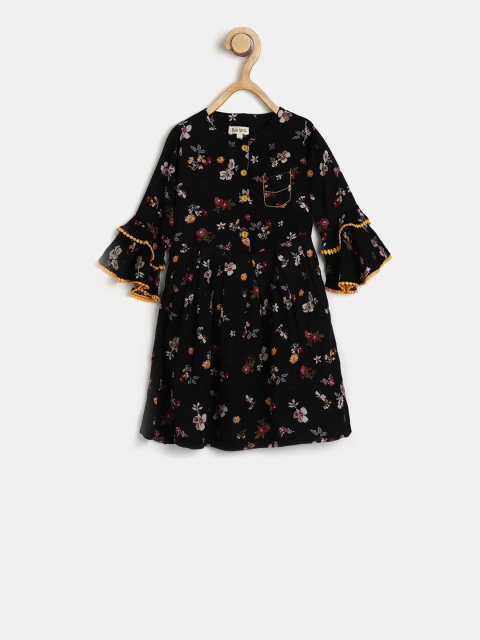 Bella Moda Girls Black Floral Printed Fit and Flare Dress