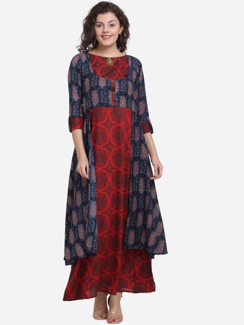 SHAVYA Women Maroon & Navy Blue Printed Anarkali Kurta