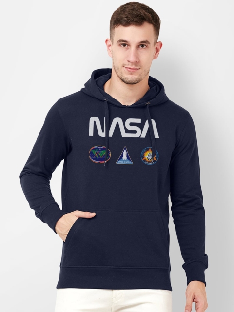 Free Authority Men Navy Blue NASA Printed Hooded Sweatshirt