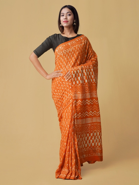Unnati Silks Orange & White Pure Cotton Dabu Printed Kota Saree