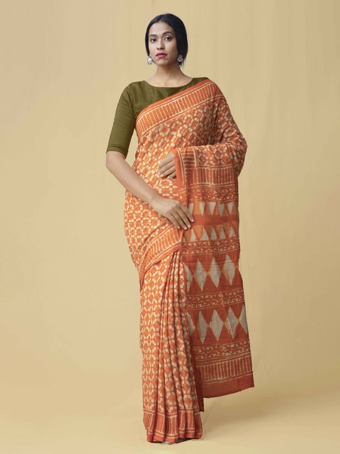 Unnati Silks Orange Handloom Pure Cotton Printed Kota Saree