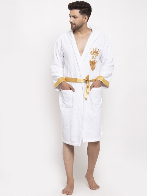 DECOREALM Men White & Gold-Coloured Embroidered Bath Robe